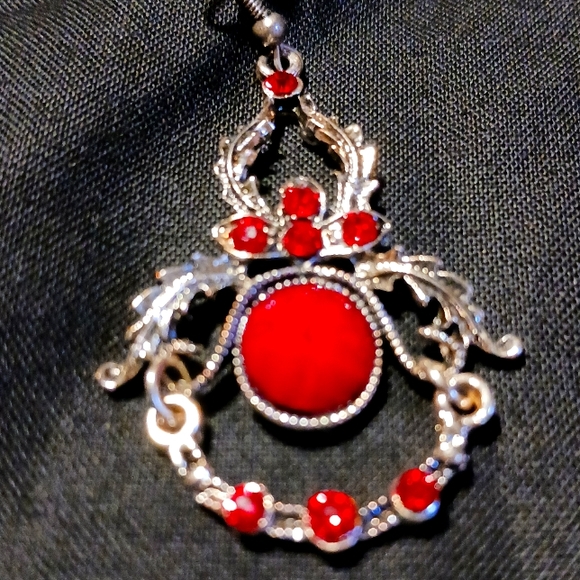 Red and Silver-toned Dangle Earrings - Picture 4 of 6